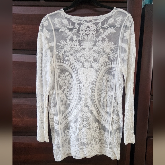 Sheer Lacey Vintage Coquette Long Sleeve Top Festival Y2K Fairy Boho M - Picture 2 of 4